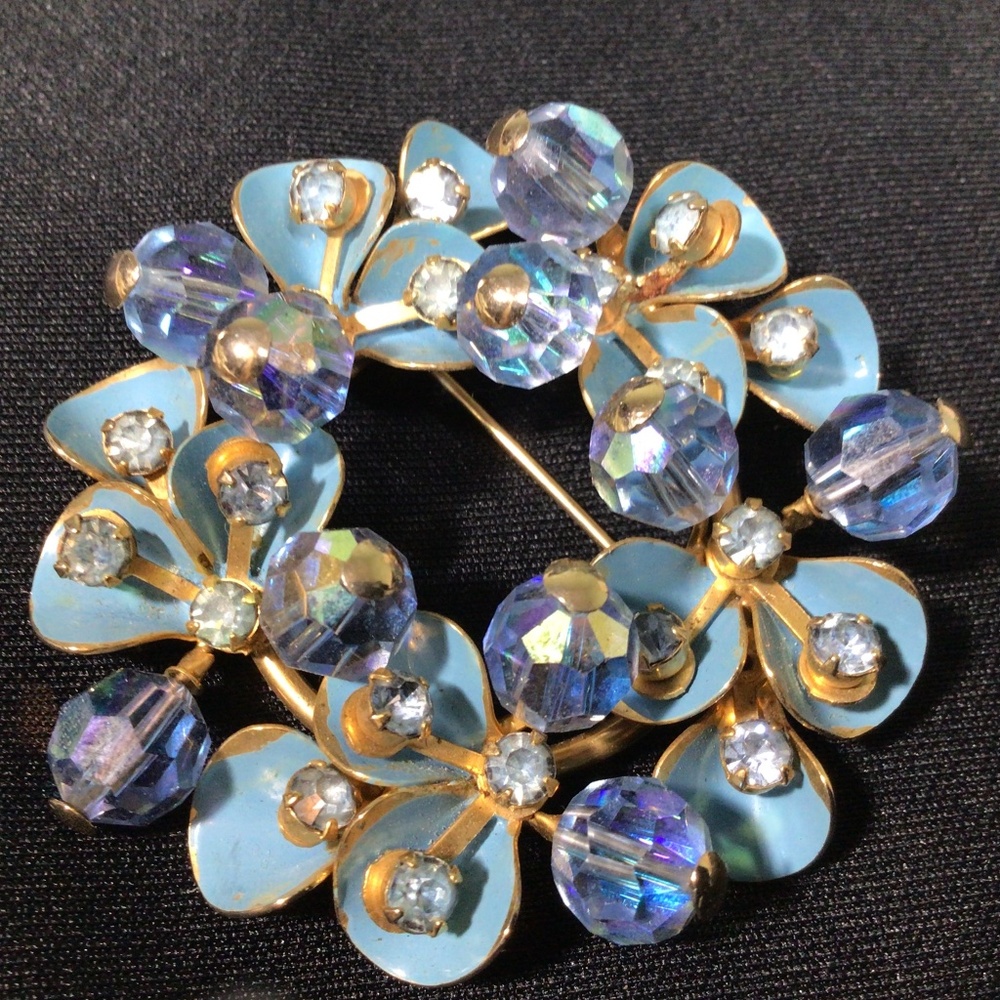 Vintage Floral Wreath Brooch With Blue Enamel Petals and Rhinestone Crystals